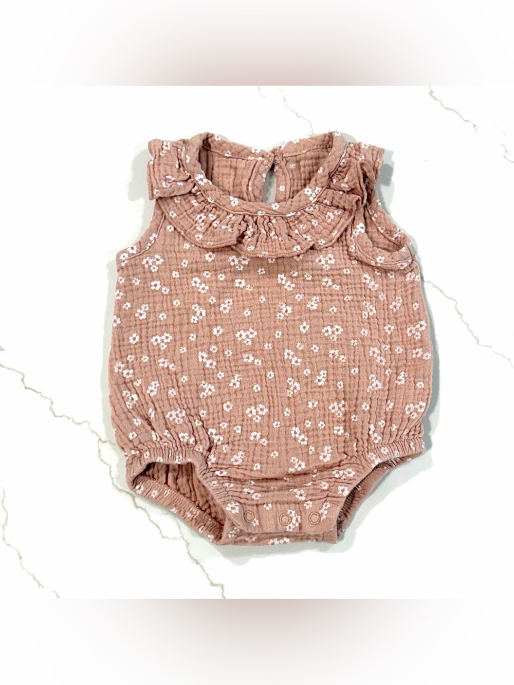 chick pea dusty rose Baby Romper with Tag Detail